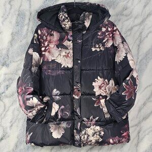 Dolls Kill Current Mood Medium Oversized Floral Puffer Coat Hood Zip Button NWT